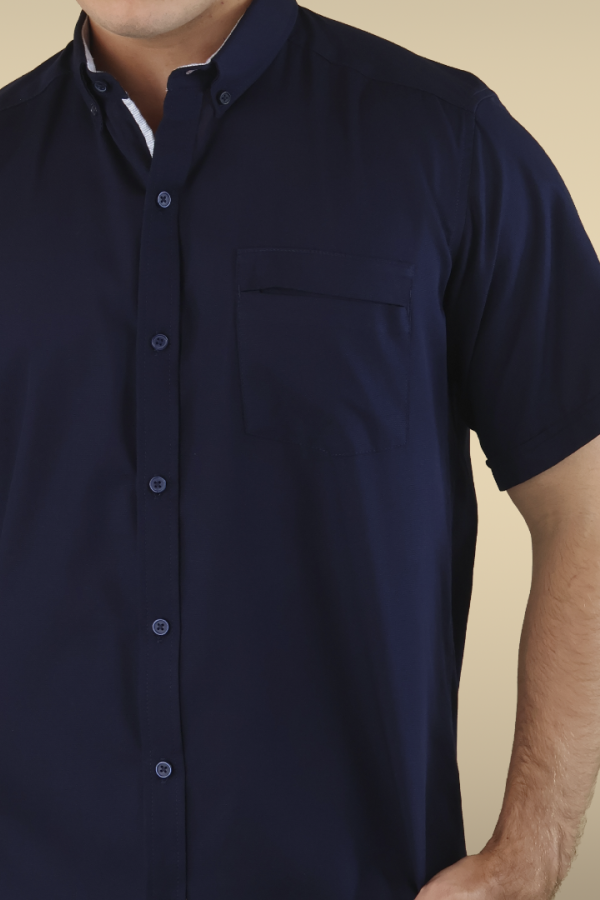 Camisa Manga Corta Azul Marino Slim Fit Cuello Americano Para Caballero